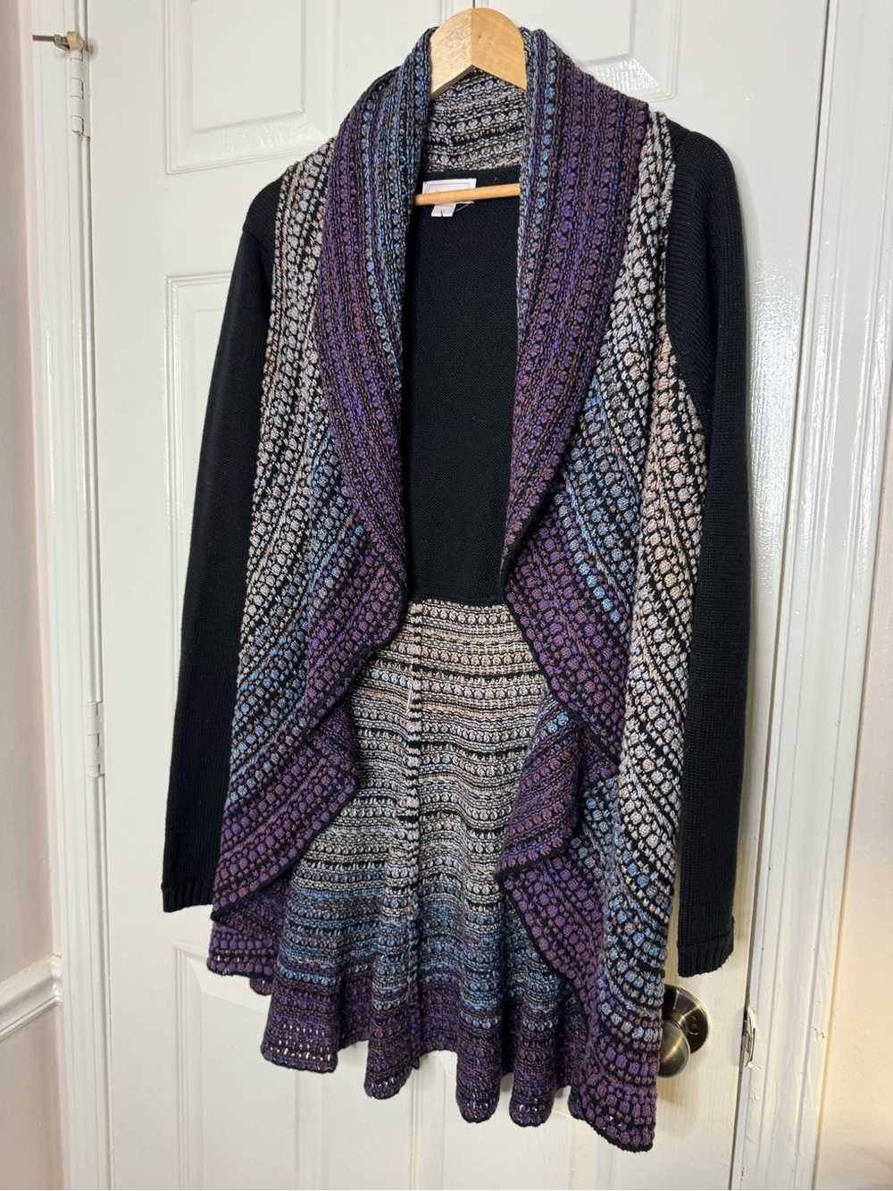 Women's Open Front Chunky Knit Cardigan - Black with Purple & Blue Accents